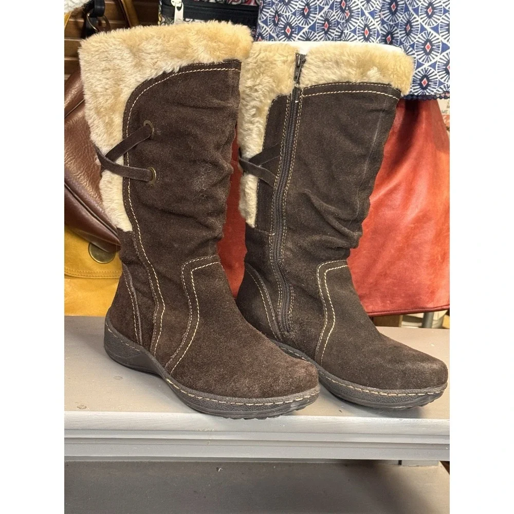St John's Bay Brown Leather Suede & Faux Fur Boots Buckles Full Zip Size 8.5